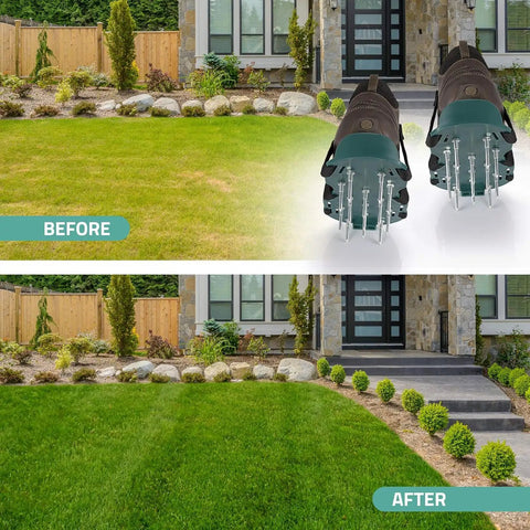 Lawn Aerator Shoes With Adjustable Straps, Spiked Nail Sandals For Deep Soil Aeration And Thatch Reduction, Fits Most Sizes before and after comparison