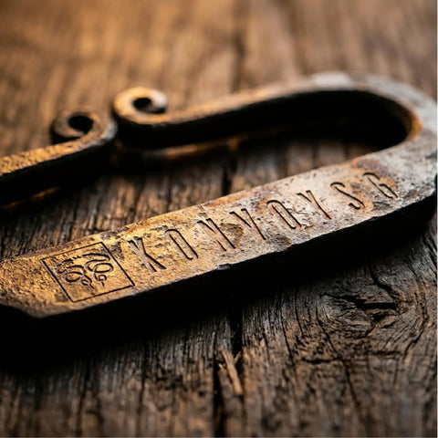 Hand forged carbon steel striker from Flint And Steel Fire Starter Kit with engraved details on rustic wooden background.