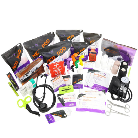 Lightning X mid-sized EMT bag with red trim, shown with stethoscope, scissors, gloves and assorted EMS supplies.