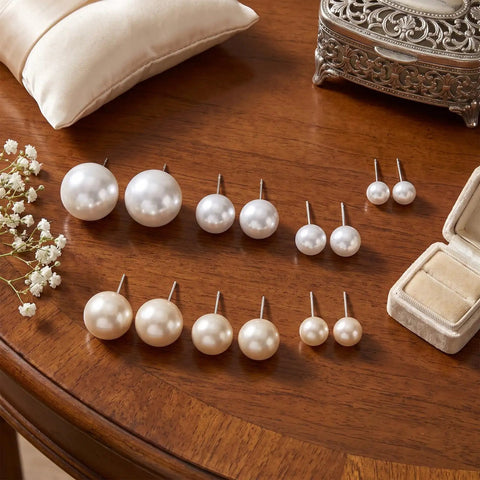 24 Pairs Pearl Stud Earrings Set For Women White And Beige Faux Pearl Studs In Four Sizes 4mm 6mm 8mm 10mm Round Ball Design Ideal For Everyday Wear Gift Idea on display