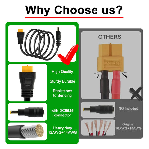 XT60 To DC 8mm Charging Cable 5 Ft 14AWG With XT60 Female To DC7909 Male And DC5525 Adapter Dual DC Outputs benefits