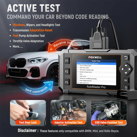 2-In-1 BMW Diagnostic Scanner And 12V Battery Tester With Full System Bidirectional Scan shown with features on display screen