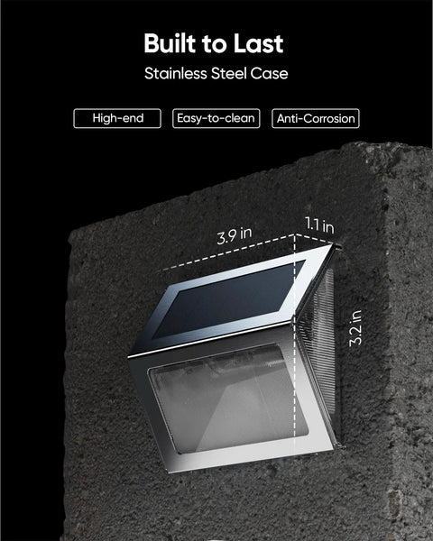 16 Pack 3 Sided Solar Deck Lights Stainless Steel Waterproof IP65 Outdoor Lights mounted on stone wall
