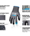 Cut Resistant Work Gloves With Nitrile Dipped Palms 13 Gauge Knit Touchscreen Compatible Breathable For Construction Machinery Glass And Garden EN 388 Level F ANSI A6 InnoFlex Tech Size XXL, showing glove with touchscreen tips and labels.