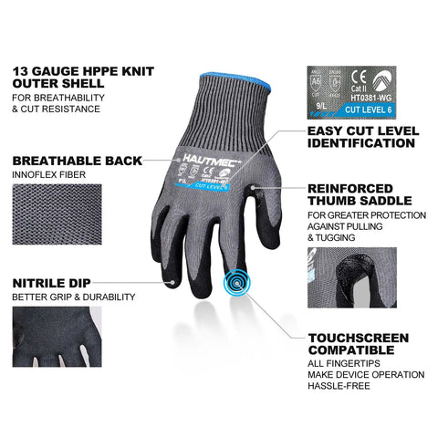 Cut Resistant Work Gloves With Nitrile Dipped Palms 13 Gauge Knit Touchscreen Compatible Breathable For Construction Machinery Glass And Garden EN 388 Level F ANSI A6 InnoFlex Tech Size XXL, showing glove with touchscreen tips and labels.