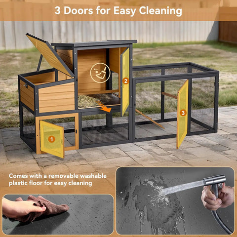 Wooden Chicken Coop For 2 To 4 Chickens With Run And 2 Nesting Boxes 3 doors open for easy cleaning on a patio
