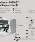 Safescan 2985-SX Bank Grade Money Counter with USB and power cables, service kit, and dust cover.