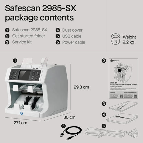 Safescan 2985-SX Bank Grade Money Counter with USB and power cables, service kit, and dust cover.