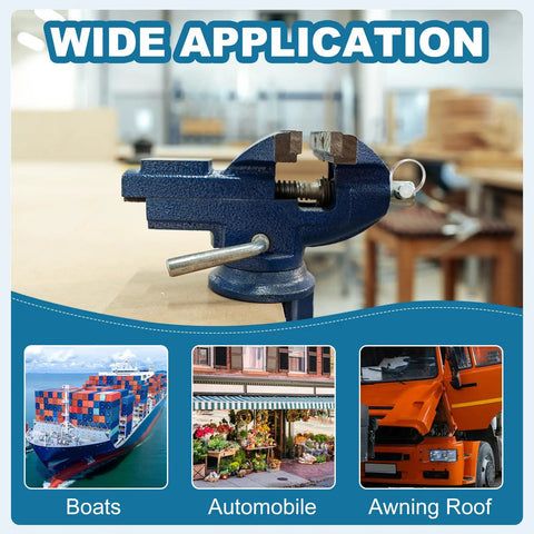 Collection of applications showing vice grips with images of a boat, automobile, and awning roof, labeled wide application.