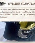 Foam Filter Sleeve Kit For Wet Dry Vacs That Snaps On Easy attached to vacuum, showing filtration efficiency chart