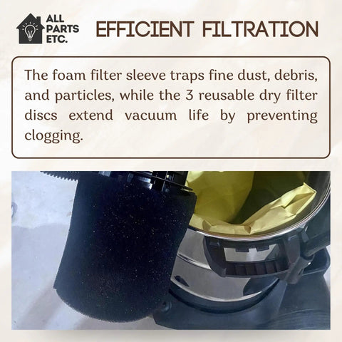 Foam Filter Sleeve Kit For Wet Dry Vacs That Snaps On Easy attached to vacuum, showing filtration efficiency chart