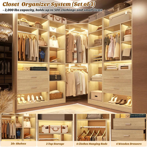 Rock Solid Corner Closet System With 3 Sets and 87 Inch Frame Offers Gobs of Storage via 4 Large Wooden Drawers 4 Hanging Rods Plus over 20 Shelves