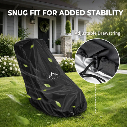 Badass Heavy Duty Waterproof Push Lawn Mower Cover Universal Fit With Double Stitched 600D Oxford Cloth angled on grass with drawstring.