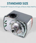 40 To 60 PSI Water Pressure Switch For Well Pumps, 1/4 Inch Female NPT, Auto Start Stop Control With Adjustable Differential, Reliable Pump Safety Switch For Home Plumbing And Air Compressors, showing standard size 1/4 inch NPT thread.