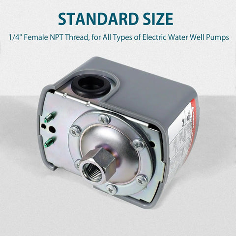 40 To 60 PSI Water Pressure Switch For Well Pumps, 1/4 Inch Female NPT, Auto Start Stop Control With Adjustable Differential, Reliable Pump Safety Switch For Home Plumbing And Air Compressors, showing standard size 1/4 inch NPT thread.