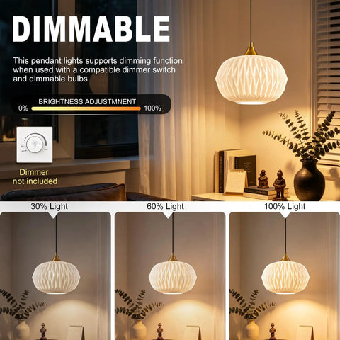 Vaziden Milk Glass Pendant Lights Kitchen Island Gold Chandelier 11.81" showing dimmable light options and textured white shade.