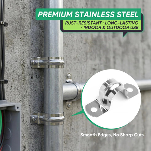 Amazon RGFXA 30-pack 3/4 in stainless steel conduit clamps, two-hole U brackets installed on a vertical pipe