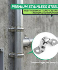 Built Tough 1/2 Inch Stainless Steel Conduit Clamps Feature Double Hole Layout As Workhorse Pipe U Brackets For Gripping Quarter Inch Ducting Cables Lock Tight With Provided Screws mounted on a metal pipe against a concrete wall.