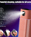 Pink spray-bottle screen cleaner with built-in wipe for phones, tablets, laptops, and monitors.