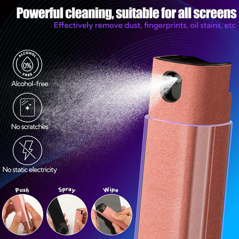 Pink spray-bottle screen cleaner with built-in wipe for phones, tablets, laptops, and monitors.