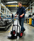 Beast Mode Heavy Duty Foldable Platform Trolley With Double Handles And 10 Inch Rubber Wheels, 330 Lb Load Capacity, Collapsible Moving Cart For Warehouse, Garden, Grocery, Indoor And Outdoor Use. Folded steel trolley in warehouse