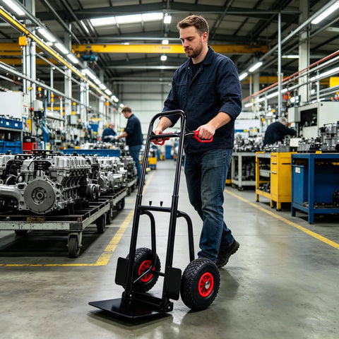 Beast Mode Heavy Duty Foldable Platform Trolley With Double Handles And 10 Inch Rubber Wheels, 330 Lb Load Capacity, Collapsible Moving Cart For Warehouse, Garden, Grocery, Indoor And Outdoor Use. Folded steel trolley in warehouse