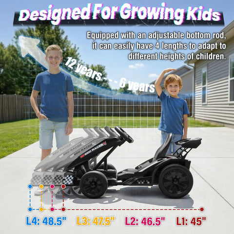 Two children demonstrating adjustable seat feature of Electric Drifting Kart 24V With 800W Twin Motors, 10Ah Battery, Outdoor Ride On Toy