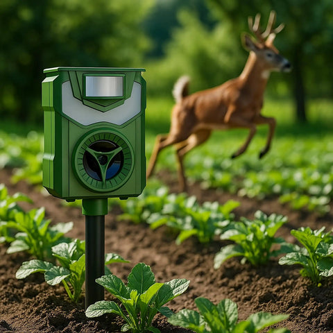 Solar Ultrasonic Animal Repeller With 110 Degree PIR Motion Sensor, 5 Modes, IP44 Weatherproof, LED Strobe And 90 dB Alarm, USB C Rechargeable, Repels Cats, Dogs, Deer, Squirrels, Raccoons And Birds in garden