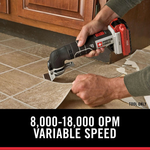 20V Max Oscillating Tool With 11-Piece Accessory Set, Tool Only, 2 Finger Tool-Free System in use on floor tiles