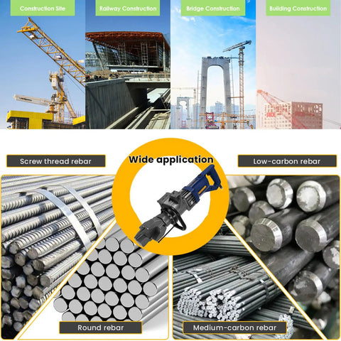 Uwygtf 900W Electric Rebar Bender, Portable Hydraulic Steel Bending Machine shows various rebar types for construction.