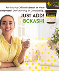 Woman holding a glass beside a package of Dry Bokashi Bran Compost Starter For Kitchen And Outdoor Bins 2 Lbs Pack Low Odor Chemical Free And Fast Finish For Food Scraps And Pet Waste Easy Way To Kickstart Fermentation And Accelerate Composting.