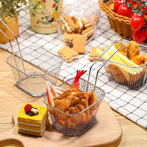 12 Piece Mini Square Fry Basket Set For Home Kitchen Deep Fryer With Handles Chrome Plated Steel with Snacks and Condiments
