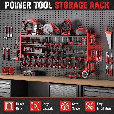 49.8 Inch Wall Mount Power Tool Organizer With Four Shelves And 18 Cordless Drill Holders For Garage And Workshop Heavy Duty Storage System Durable Steel Construction For Busy Garages And Workshops