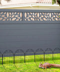Rustproof Metal Garden Fence Panels No Dig 10 Pack Decorative Border Fencing For Dogs And Pets 11 Feet Long Outdoor Fence shown installed in yard