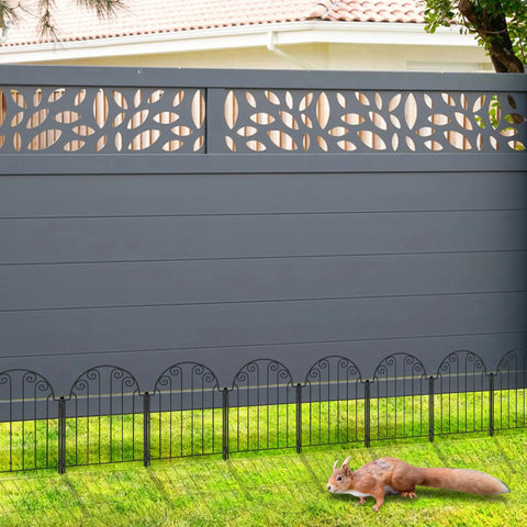 Rustproof Metal Garden Fence Panels No Dig 10 Pack Decorative Border Fencing For Dogs And Pets 11 Feet Long Outdoor Fence shown installed in yard