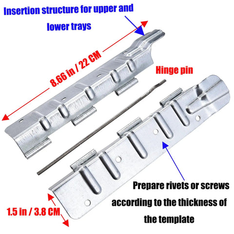 Heavy Duty 8 Inch Pallet Collar Hinges 8 Pack Slick Folding Rack Links For Stackable Raised Garden Boxes Removable Pet Fence Panels And No Sweat Garage Workshop Tool Storage Setup, showing hinge clips with measurements.