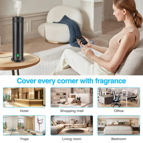 No Water Needed Scent Diffuser Starter Kit For Home And Hotel, Sleek Aluminum Tower Design For Modern Decor on table with remote
