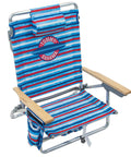 5-Position Lay Flat Folding Backpack Beach Chair With Aluminum Frame In Red White And Blue Stripe, lightweight and portable.