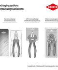 Three packaging options for Knipex tools including standard, self-service, and blister card packaging with illustrations.