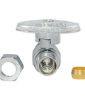 No Sweat Retrofit Angle Stop Valve Featuring Smooth Quarter Turn Operation And Knockout Leak Proof Seals For Lightning Fast Faucet Upgrades And Under Sink Plumbing Projects Chrome Finish with accessories.