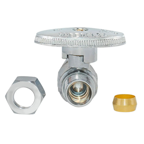 No Sweat Retrofit Angle Stop Valve Featuring Smooth Quarter Turn Operation And Knockout Leak Proof Seals For Lightning Fast Faucet Upgrades And Under Sink Plumbing Projects Chrome Finish with accessories.