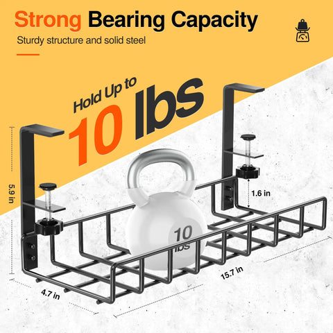 Under Desk Cable Management Tray No Drill Clamp System 1 Pack Black with 10 lbs load capacity on display, C clamp mount.