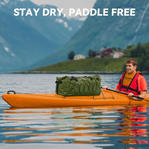 Waterproof Duffel Bag For Outdoor Adventures Kayaking Extra Large 60L Rolltop Dry Bag on kayak in scenic lake