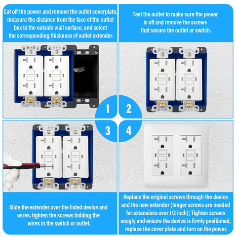Installation steps of 1/2-Inch Double Outlet Box Extender For 2-Gang Electrical Boxes Blue Receptacle Extender With Four Mounting Screws Expands Space For Outlets And Switches Ideal For Home Improvement