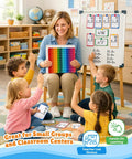 Teacher with Math Flash Cards Set for Kids 4-8, 288 Double-Sided Cards with Chart and Storage Ring in classroom setting.