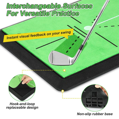 Three In One Golf Practice Mat With Swing Path Feedback, Switch Between Fairway, Rough And Putting Pads On A Non Slip Rubber Base