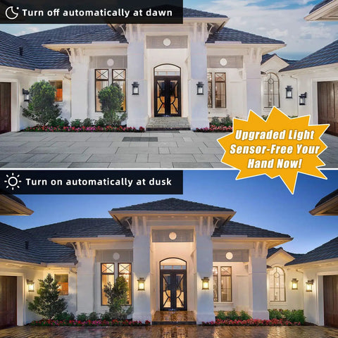 2-Pack Dusk To Dawn Outdoor Wall Lights With Sensor And Seeded Glass on house porch showcasing auto on/off functionality.