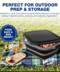 Two Pack XL Collapsible BBQ Prep Tub With Built In Cutting Board Lid And Strainer for outdoor cooking on picnic blanket