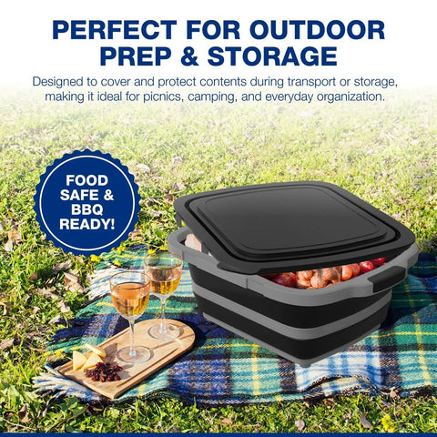 Two Pack XL Collapsible BBQ Prep Tub With Built In Cutting Board Lid And Strainer for outdoor cooking on picnic blanket