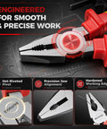 Pro Grade 1000V Insulated Pliers Set For Electricians, 4 Piece Heavy Duty Cr-Mo Tools With 8 Inch Combination Pliers, 8 Inch Needle Nose Pliers, 8 Inch Wire Stripper, And 7 Inch Diagonal Cutters, close-up of red insulated pliers jaws